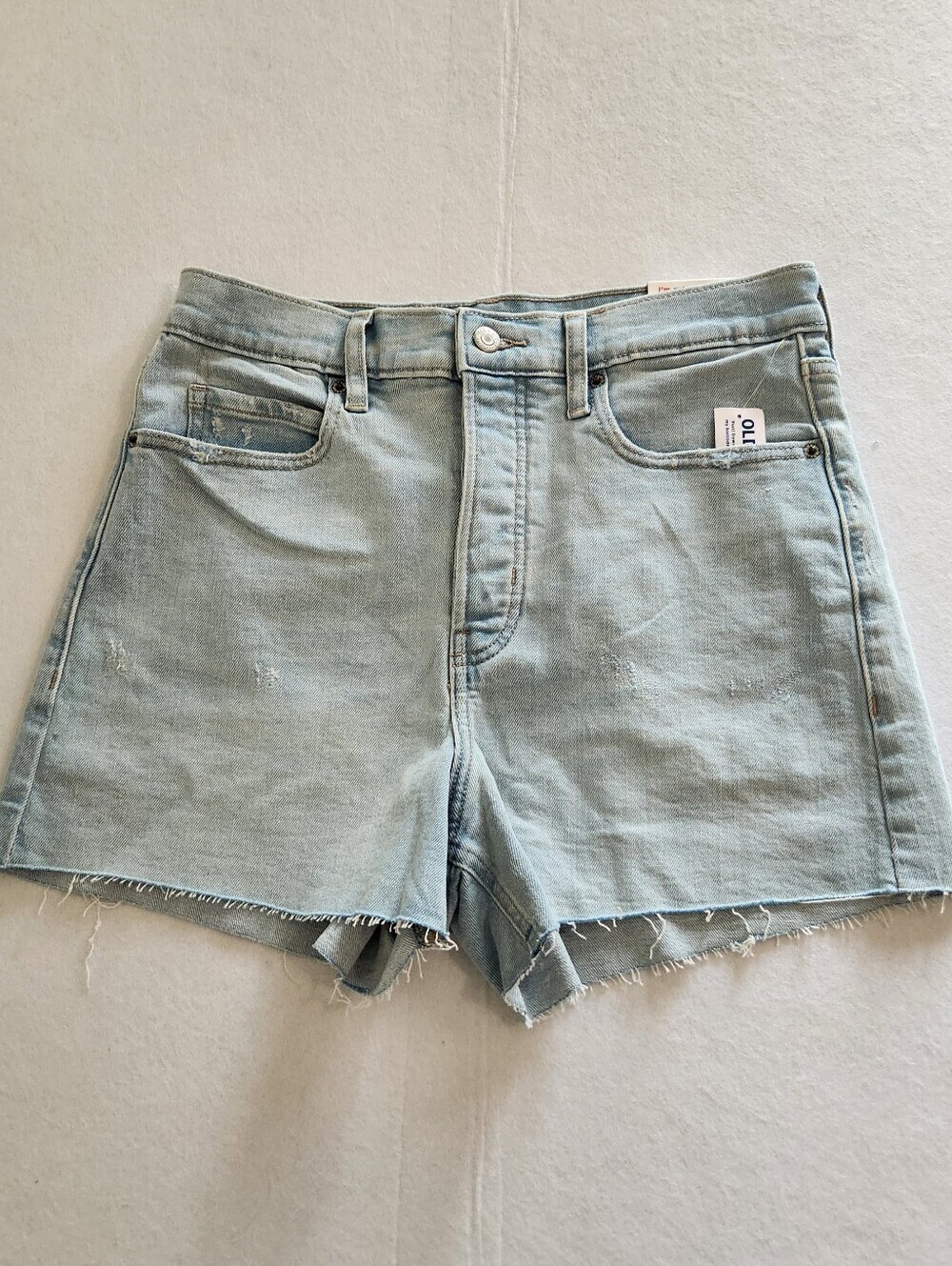Old Navy Light Wash Frayed Hem Higher High Rise Button Fly Denim Shorts Size 8